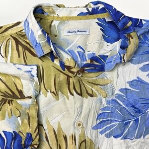 Tommy Bahama Shirt Men XL Blue 100% Silk Hawaiian Floral Aloha Camp Chest Pocket